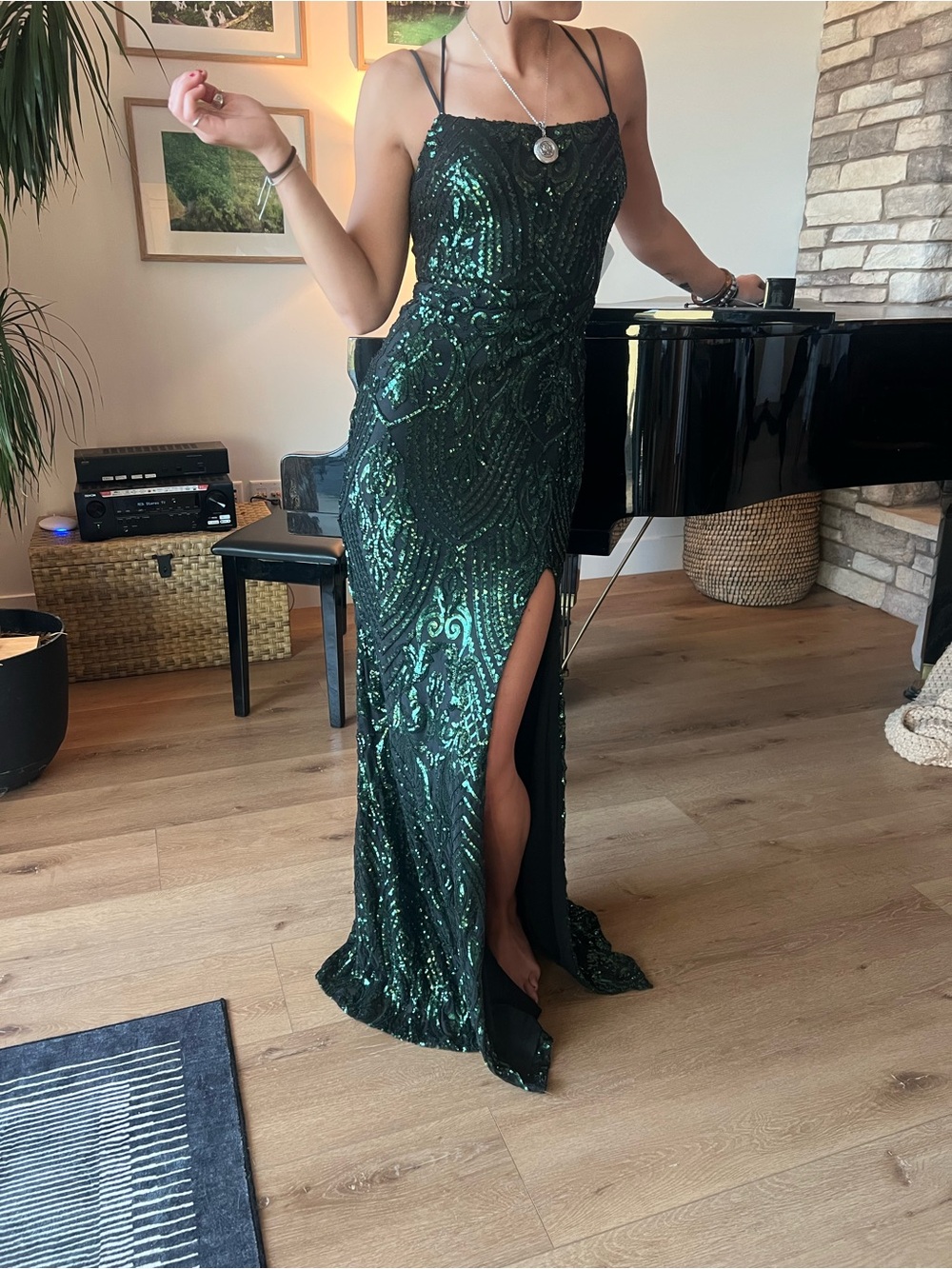 Emerald Green Sequin Strap Evening Gown with Thigh Slit - Picture 3 of 4